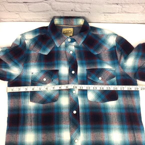 Roebuck and Co Western Pearl Snap Cowboy Rodeo Blue Plaid Flannel Shirt Men's S - Picture 11 of 13